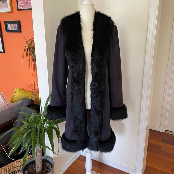 Vintage Jackets & Blazers - Black Vintage INC Petites Faux Suede Penny Lane Coat Size Medium